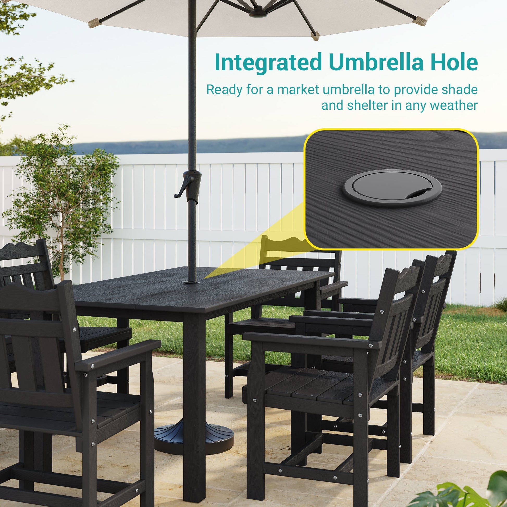 7 Piece Outdoor Dining Set HIPS Patio Furniture Rectangular Table and 6 Stackable Chairs with Umbrella Hole for Backyard - Sonkuki
