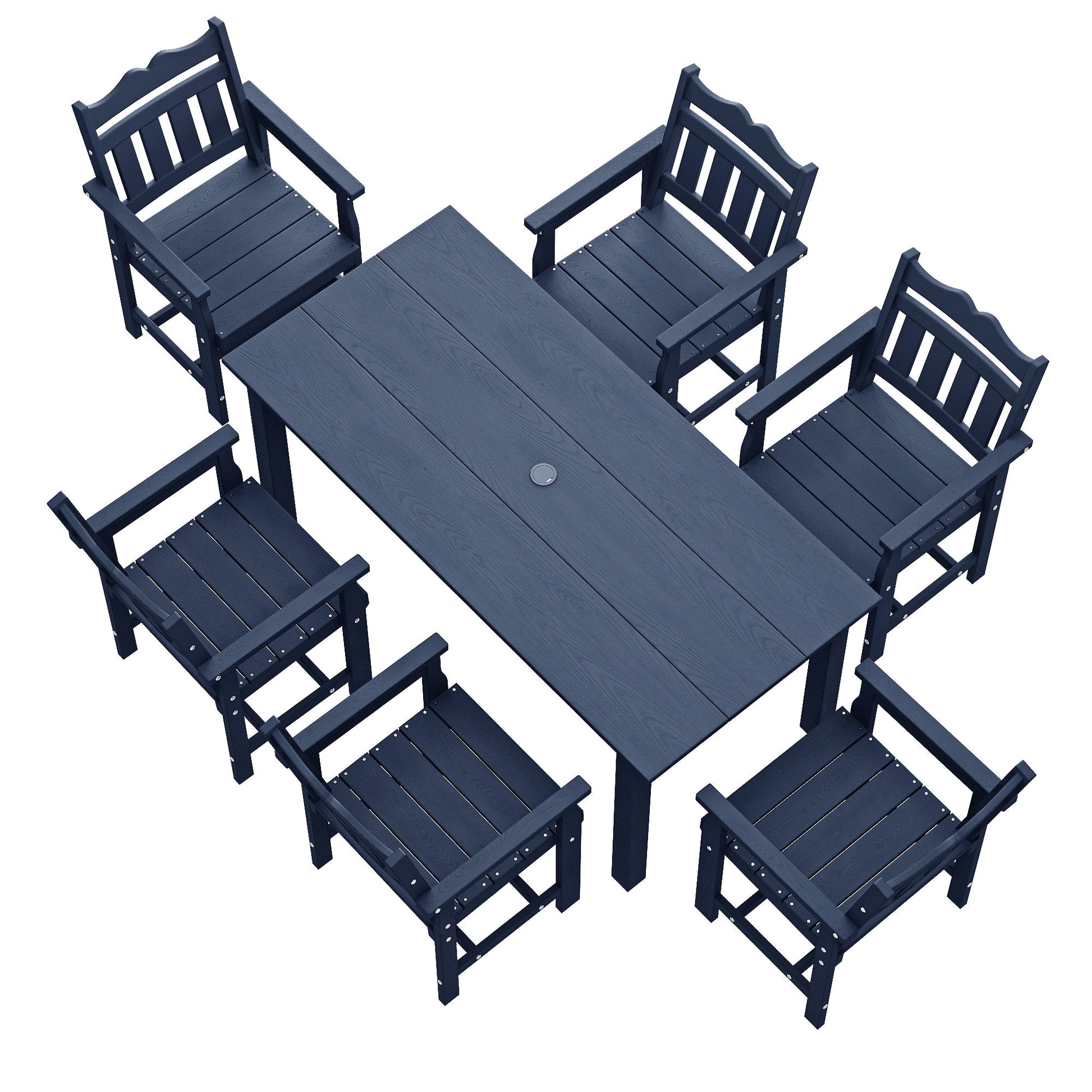 7 Piece Outdoor Dining Set HIPS Patio Furniture Rectangular Table and 6 Stackable Chairs with Umbrella Hole for Backyard - Sonkuki