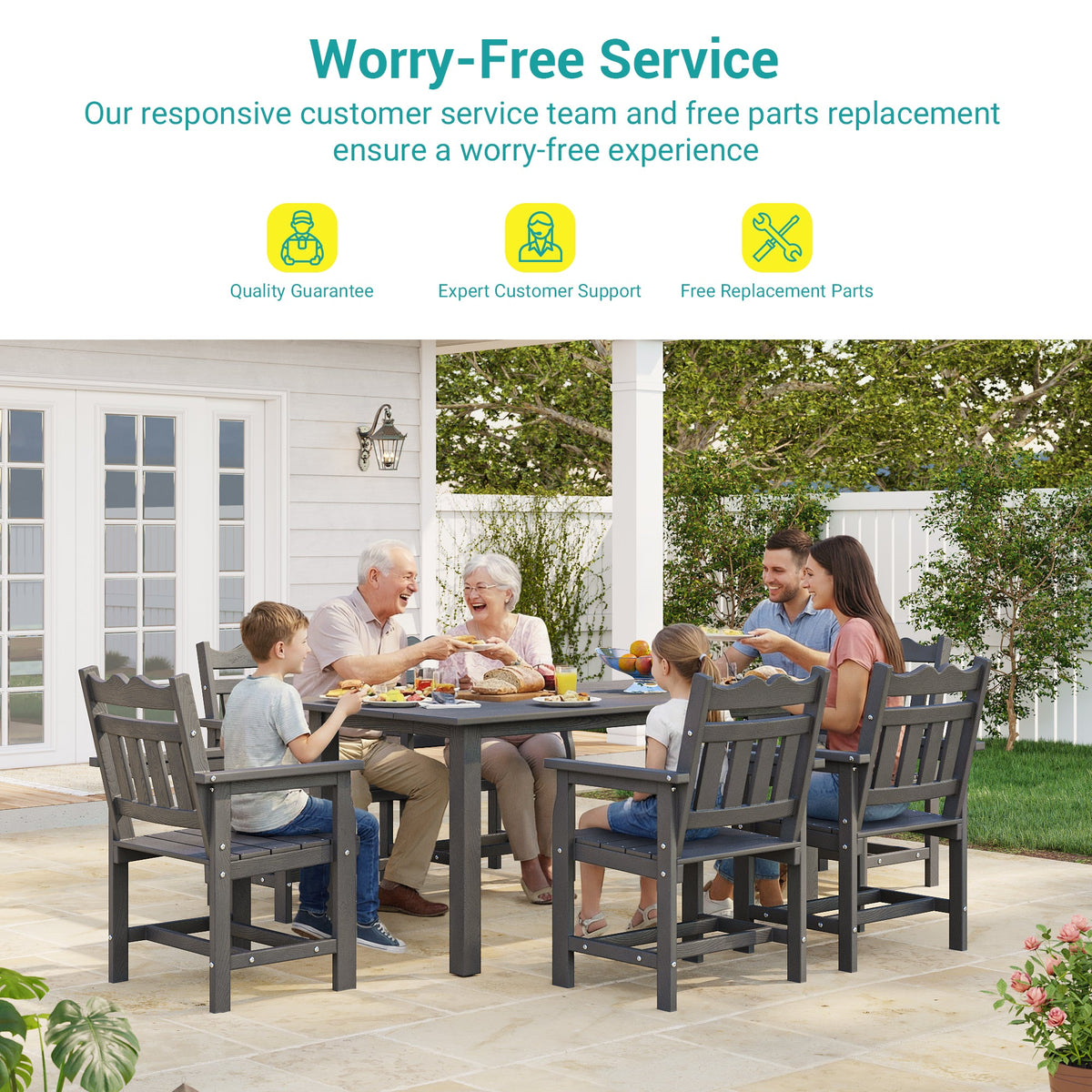 7 Piece Outdoor Dining Set HIPS Patio Furniture Rectangular Table and 6 Stackable Chairs with Umbrella Hole for Backyard - Sonkuki