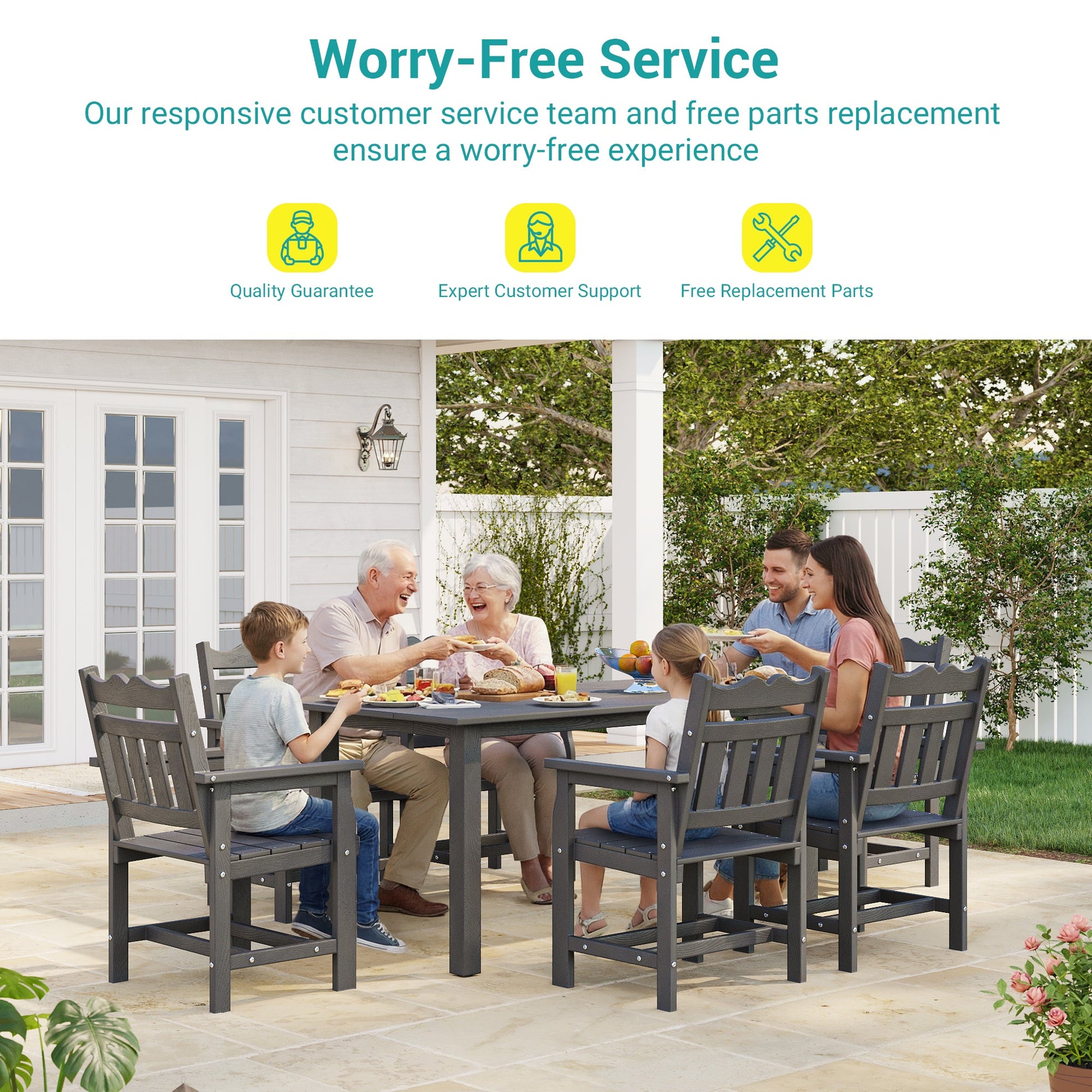 7 Piece Outdoor Dining Set HIPS Patio Furniture Rectangular Table and 6 Stackable Chairs with Umbrella Hole for Backyard - Sonkuki