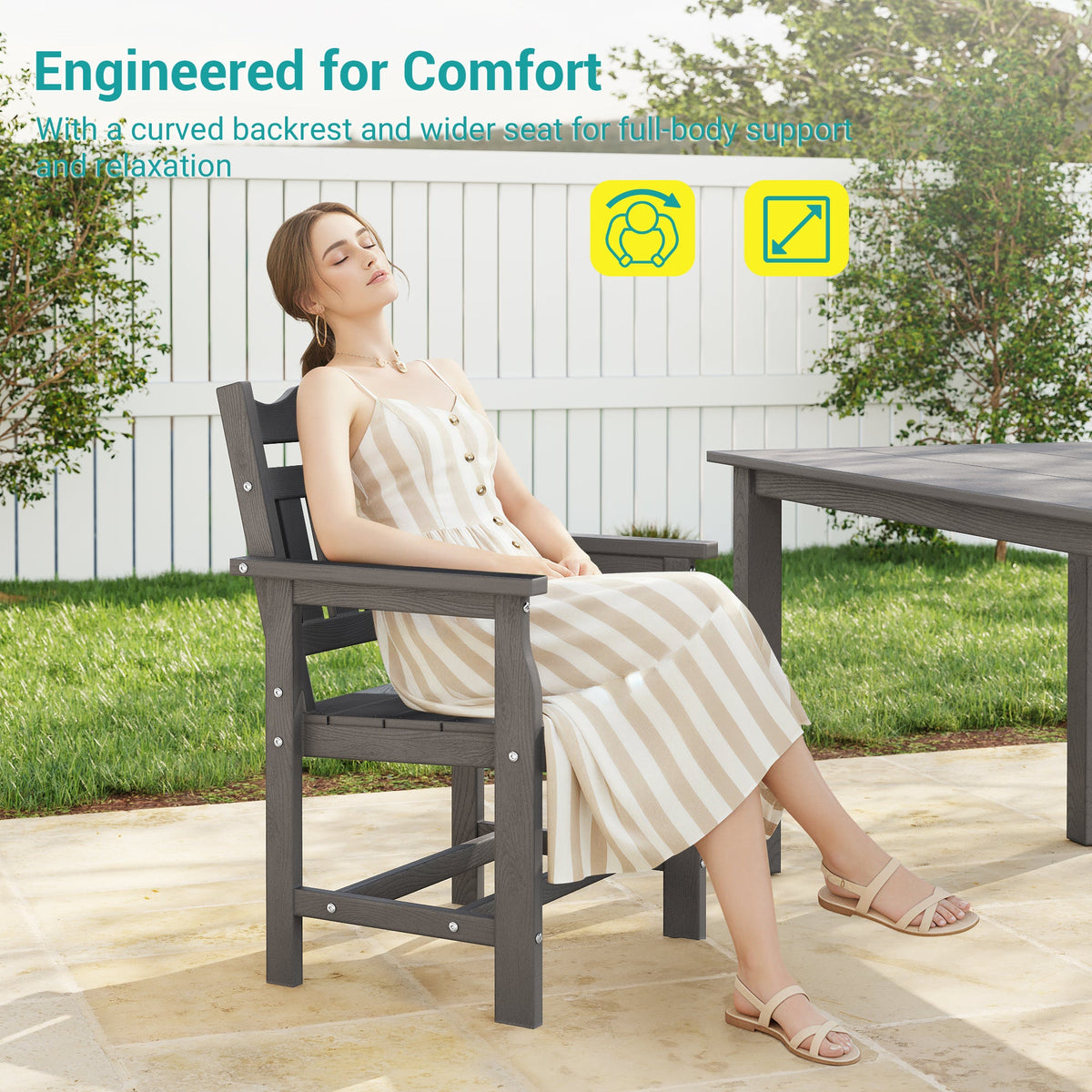 7 Piece Outdoor Dining Set HIPS Patio Furniture Rectangular Table and 6 Stackable Chairs with Umbrella Hole for Backyard - Sonkuki