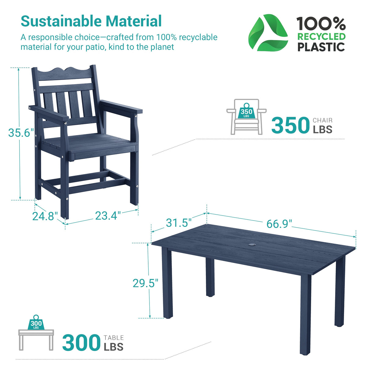 7 Piece Outdoor Dining Set HIPS Patio Furniture Rectangular Table and 6 Stackable Chairs with Umbrella Hole for Backyard - Sonkuki