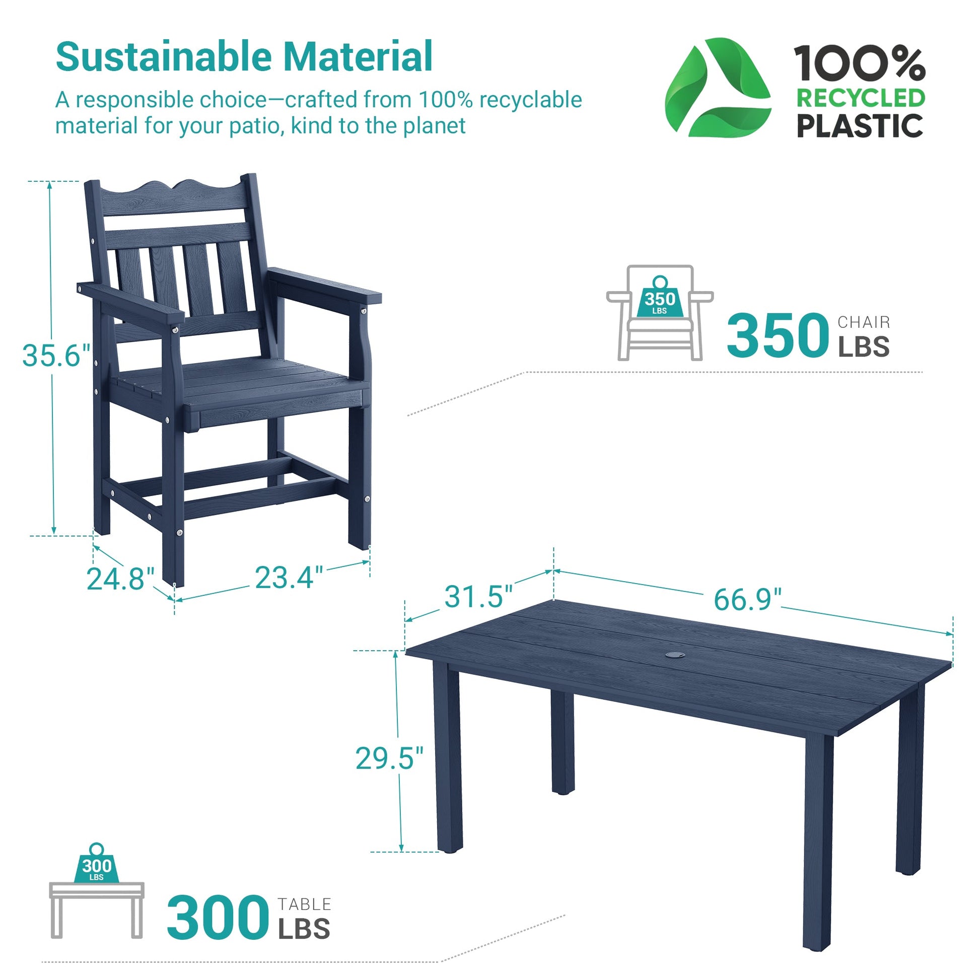7 Piece Outdoor Dining Set HIPS Patio Furniture Rectangular Table and 6 Stackable Chairs with Umbrella Hole for Backyard - Sonkuki