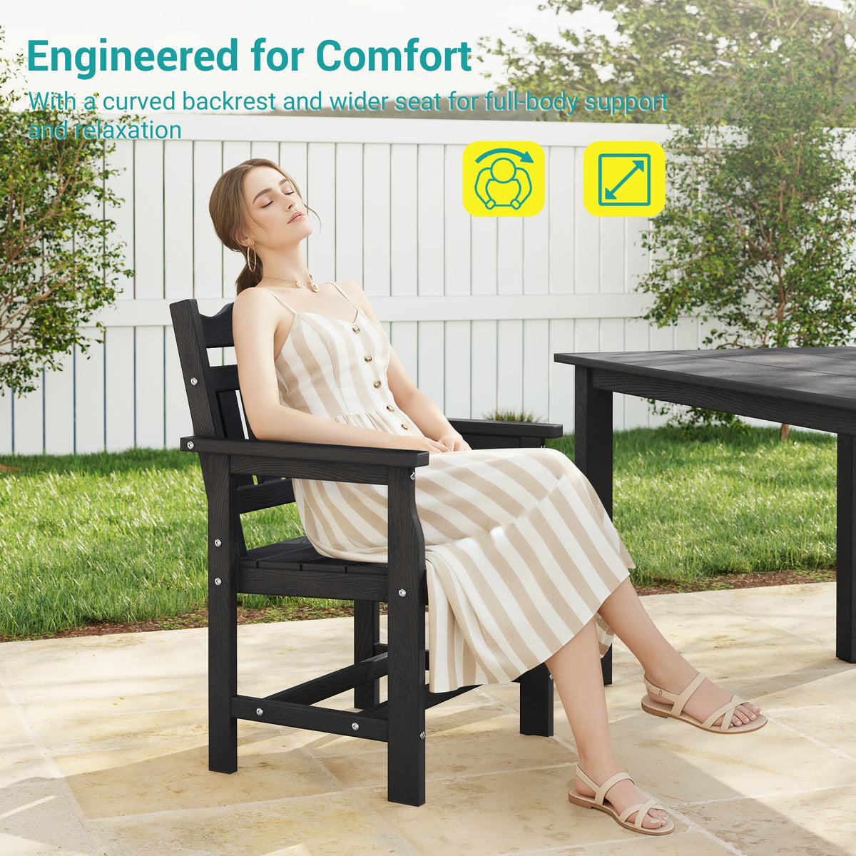 7 Piece Outdoor Dining Set HIPS Patio Furniture Rectangular Table and 6 Stackable Chairs with Umbrella Hole for Backyard - Sonkuki