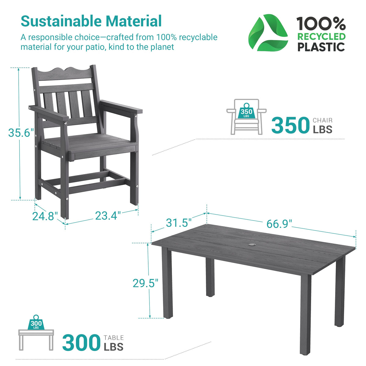 7 Piece Outdoor Dining Set HIPS Patio Furniture Rectangular Table and 6 Stackable Chairs with Umbrella Hole for Backyard - Sonkuki