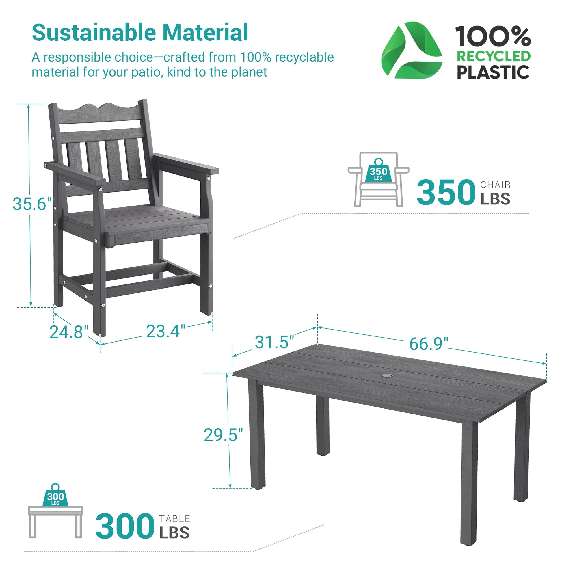 7 Piece Outdoor Dining Set HIPS Patio Furniture Rectangular Table and 6 Stackable Chairs with Umbrella Hole for Backyard - Sonkuki