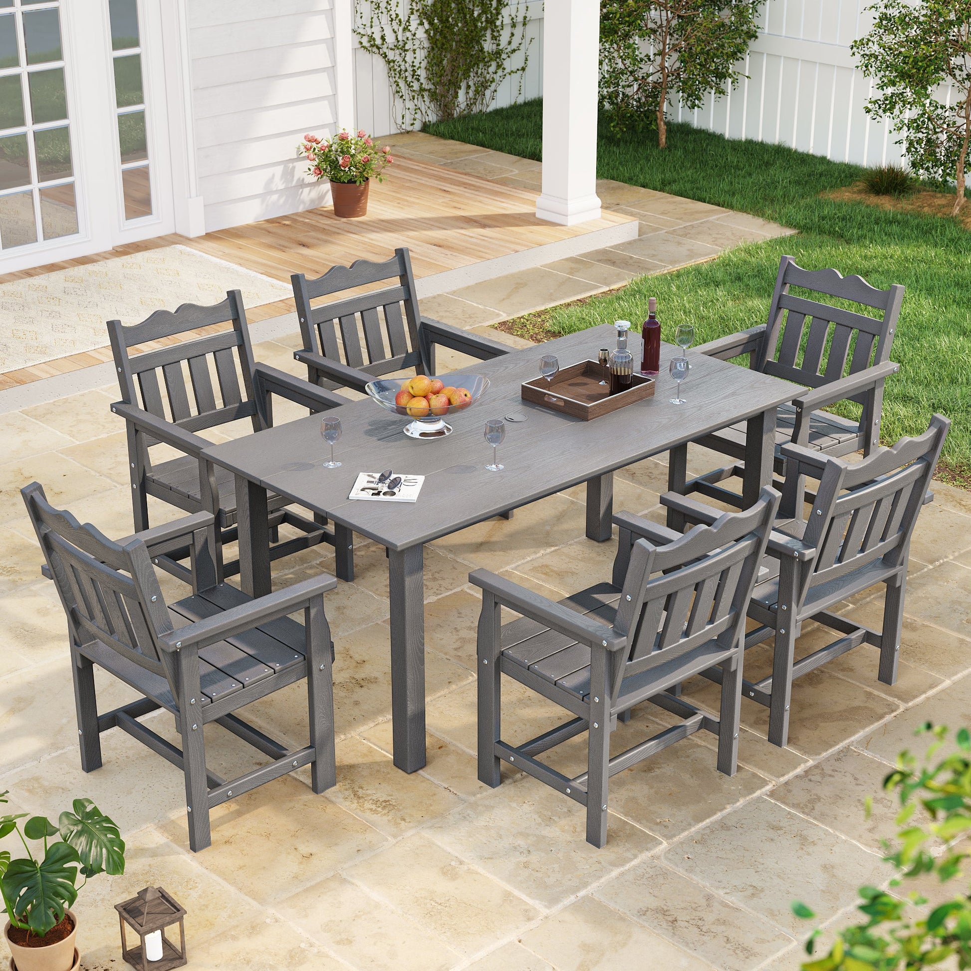 7 Piece Outdoor Dining Set HIPS Patio Furniture Rectangular Table and 6 Stackable Chairs with Umbrella Hole for Backyard - Sonkuki