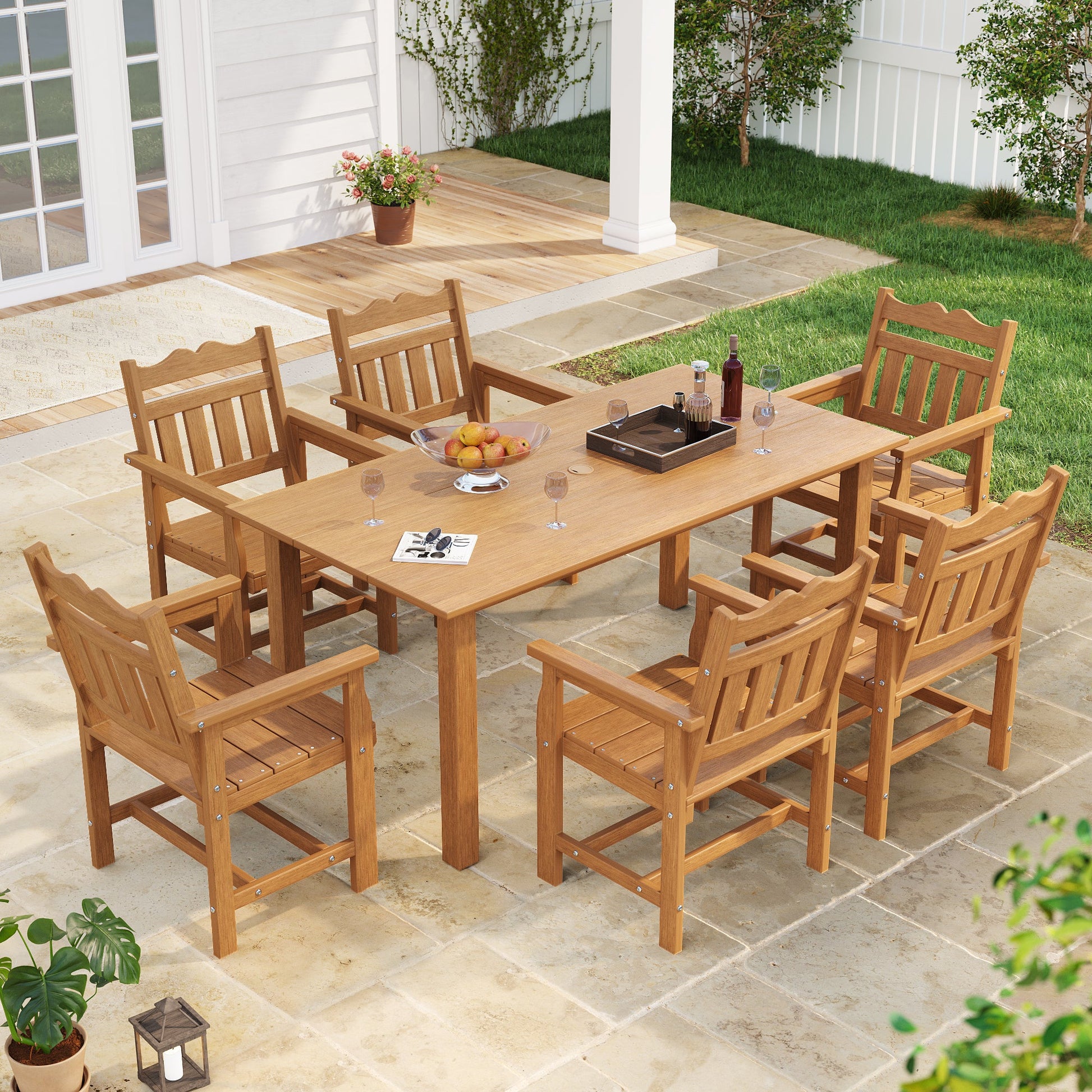 7 Piece Outdoor Dining Set HIPS Patio Furniture Rectangular Table and 6 Stackable Chairs with Umbrella Hole for Backyard - Sonkuki