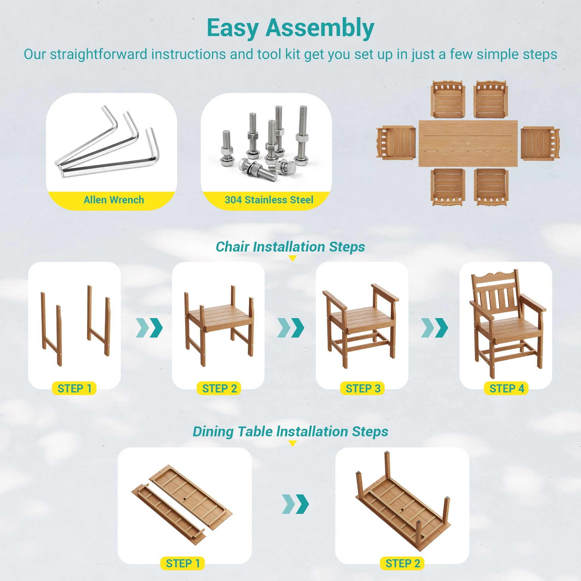7 Piece Outdoor Dining Set HIPS Patio Furniture Rectangular Table and 6 Stackable Chairs with Umbrella Hole for Backyard - Sonkuki
