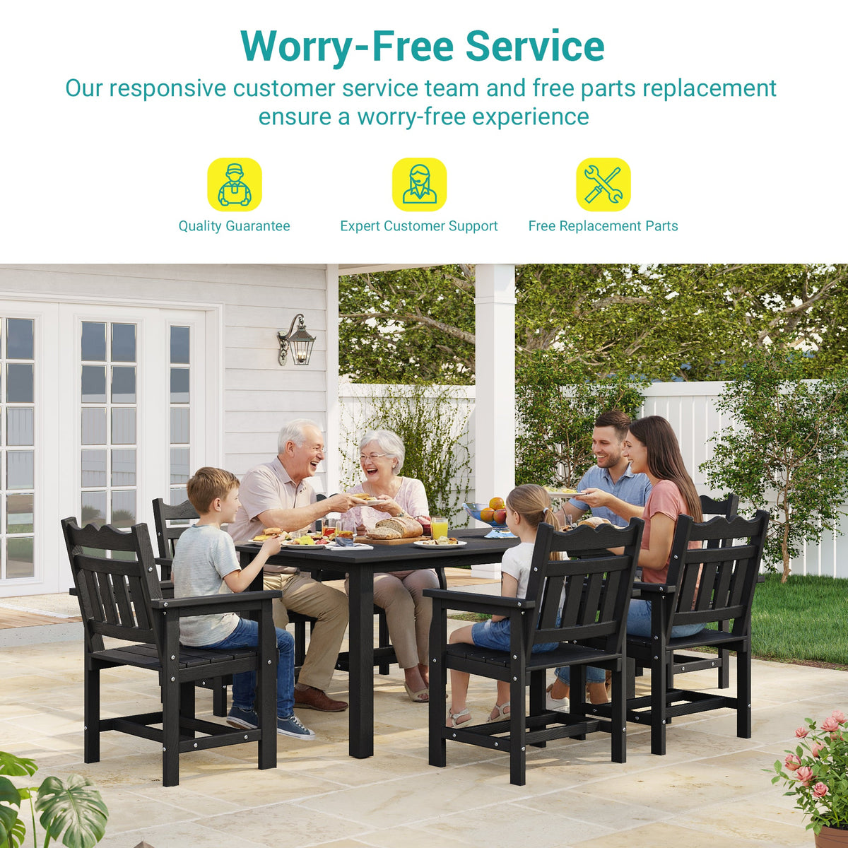 7 Piece Outdoor Dining Set HIPS Patio Furniture Rectangular Table and 6 Stackable Chairs with Umbrella Hole for Backyard - Sonkuki