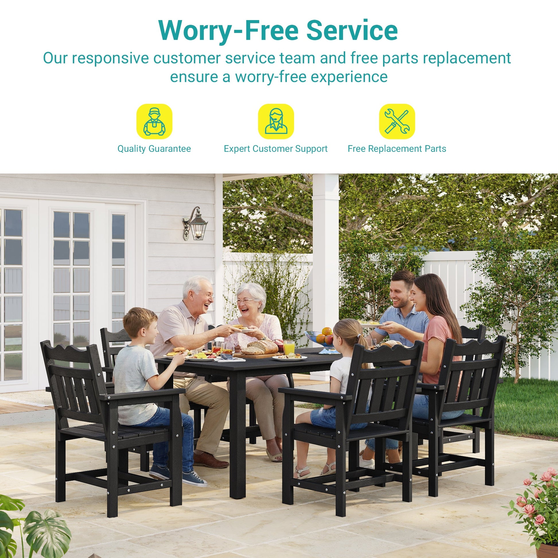 7 Piece Outdoor Dining Set HIPS Patio Furniture Rectangular Table and 6 Stackable Chairs with Umbrella Hole for Backyard - Sonkuki