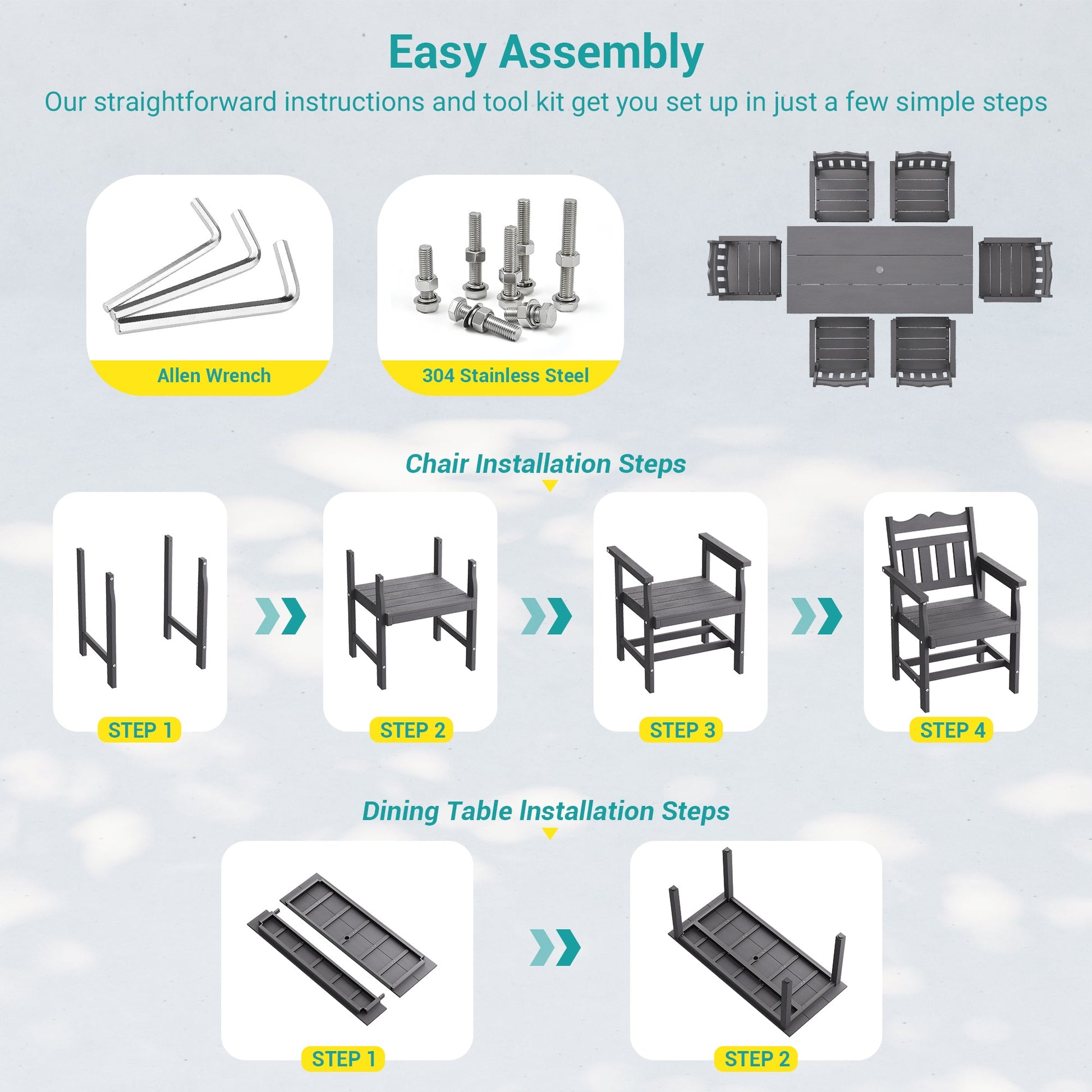 7 Piece Outdoor Dining Set HIPS Patio Furniture Rectangular Table and 6 Stackable Chairs with Umbrella Hole for Backyard - Sonkuki
