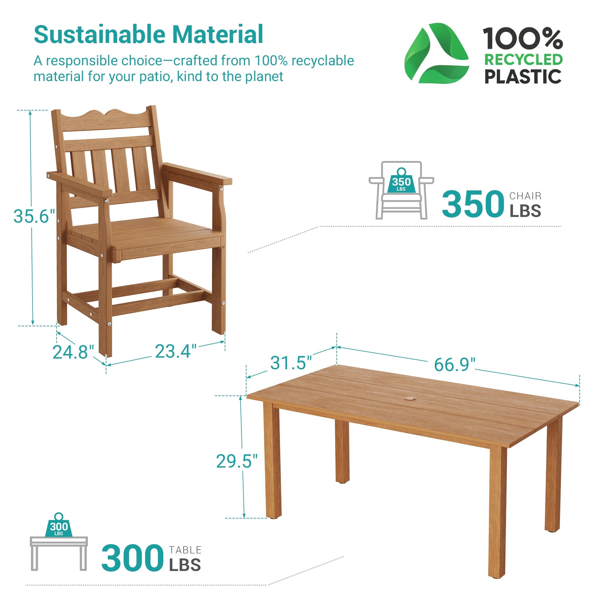 7 Piece Outdoor Dining Set HIPS Patio Furniture Rectangular Table and 6 Stackable Chairs with Umbrella Hole for Backyard - Sonkuki
