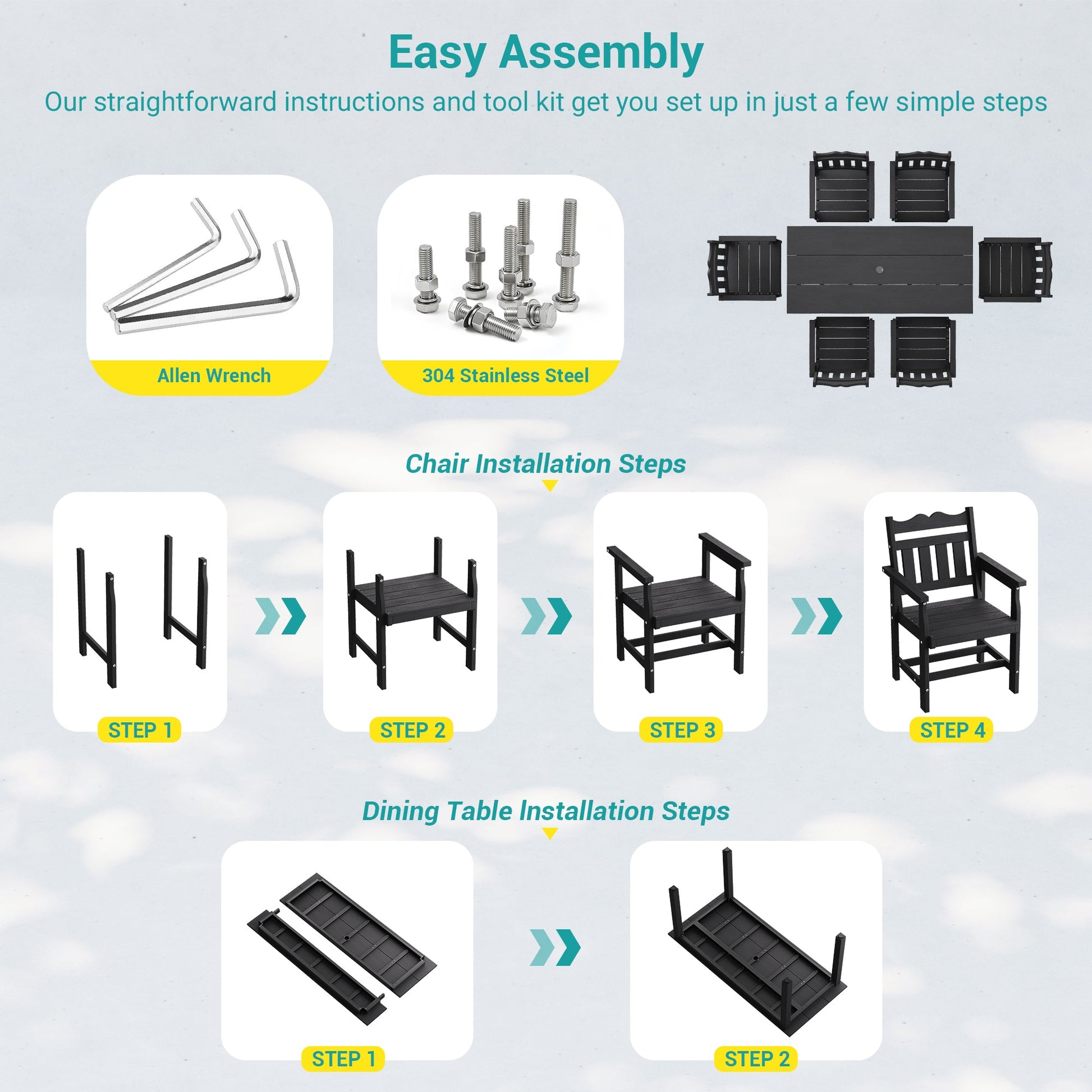 7 Piece Outdoor Dining Set HIPS Patio Furniture Rectangular Table and 6 Stackable Chairs with Umbrella Hole for Backyard - Sonkuki