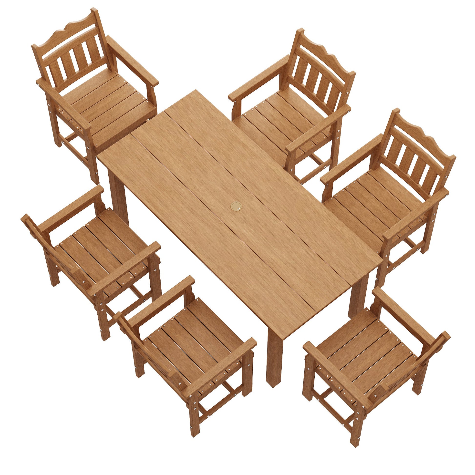 7 Piece Outdoor Dining Set HIPS Patio Furniture Rectangular Table and 6 Stackable Chairs with Umbrella Hole for Backyard - Sonkuki