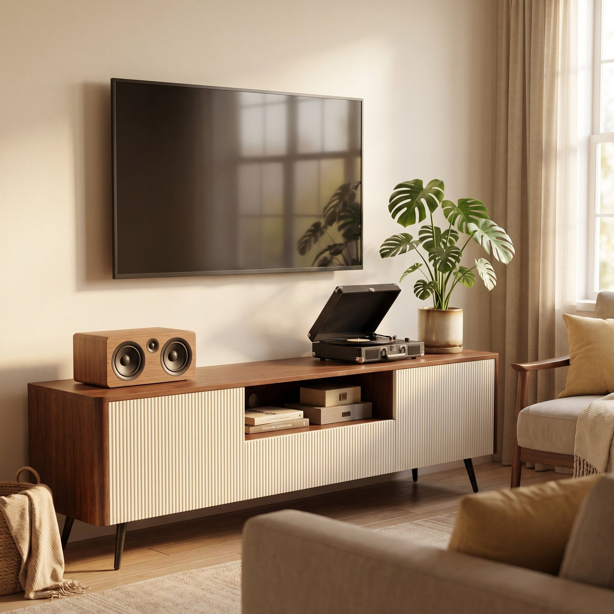 70.8-inch modern TV stand, suitable for televisions up to 85 inches, featuring enclosed storage and cable management, soft-close hinges and iron legs, ideal for the living room - Sonkuki