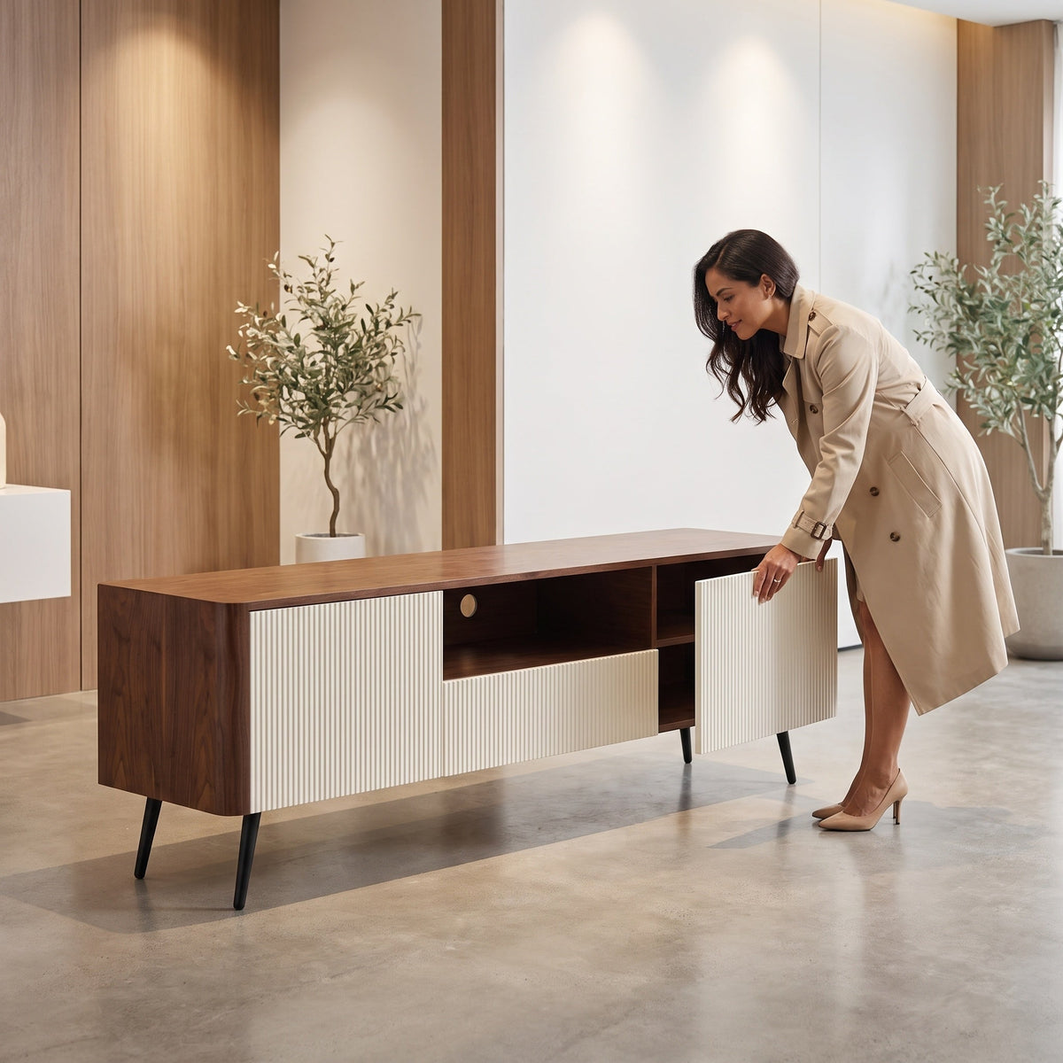 70.8-inch modern TV stand, suitable for televisions up to 85 inches, featuring enclosed storage and cable management, soft-close hinges and iron legs, ideal for the living room - Sonkuki