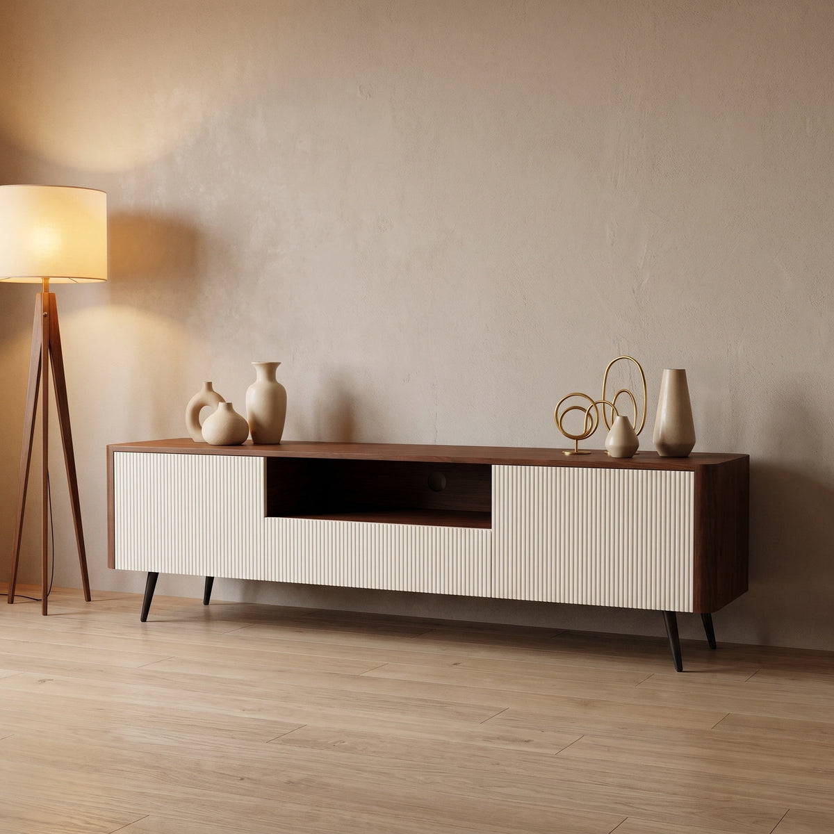 70.8-inch modern TV stand, suitable for televisions up to 85 inches, featuring enclosed storage and cable management, soft-close hinges and iron legs, ideal for the living room - Sonkuki