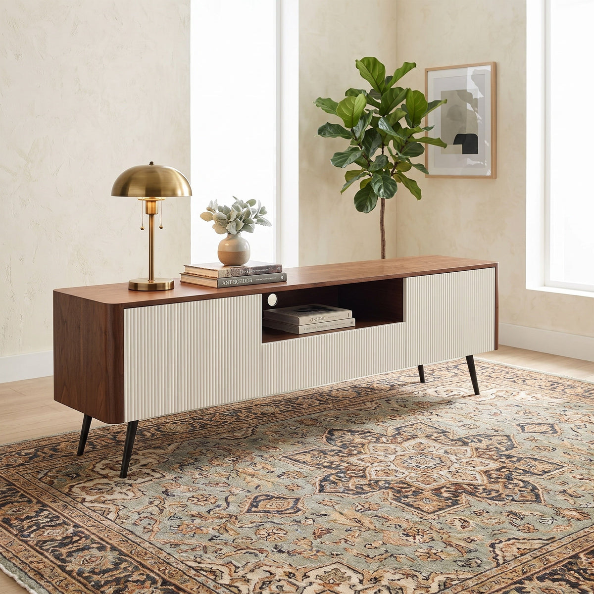70.8-inch modern TV stand, suitable for televisions up to 85 inches, featuring enclosed storage and cable management, soft-close hinges and iron legs, ideal for the living room - Sonkuki
