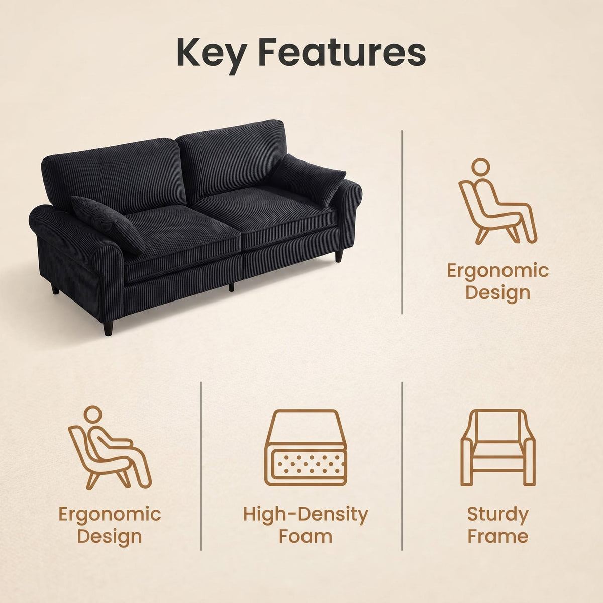 80.7" Corduroy Loveseat Sofa, 2-Seater Couch with Rolled Armrests, Iron & Wood Frame Construction, Modern Upholstered Sofa for Living Room, Apartment - Sonkuki