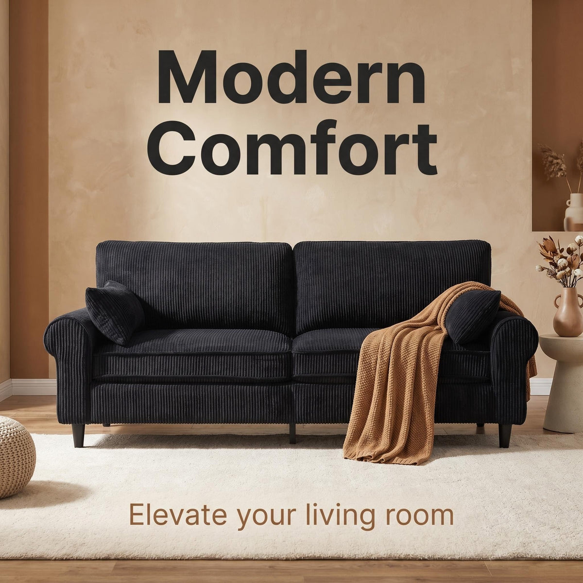 80.7" Corduroy Loveseat Sofa, 2-Seater Couch with Rolled Armrests, Iron & Wood Frame Construction, Modern Upholstered Sofa for Living Room, Apartment - Sonkuki