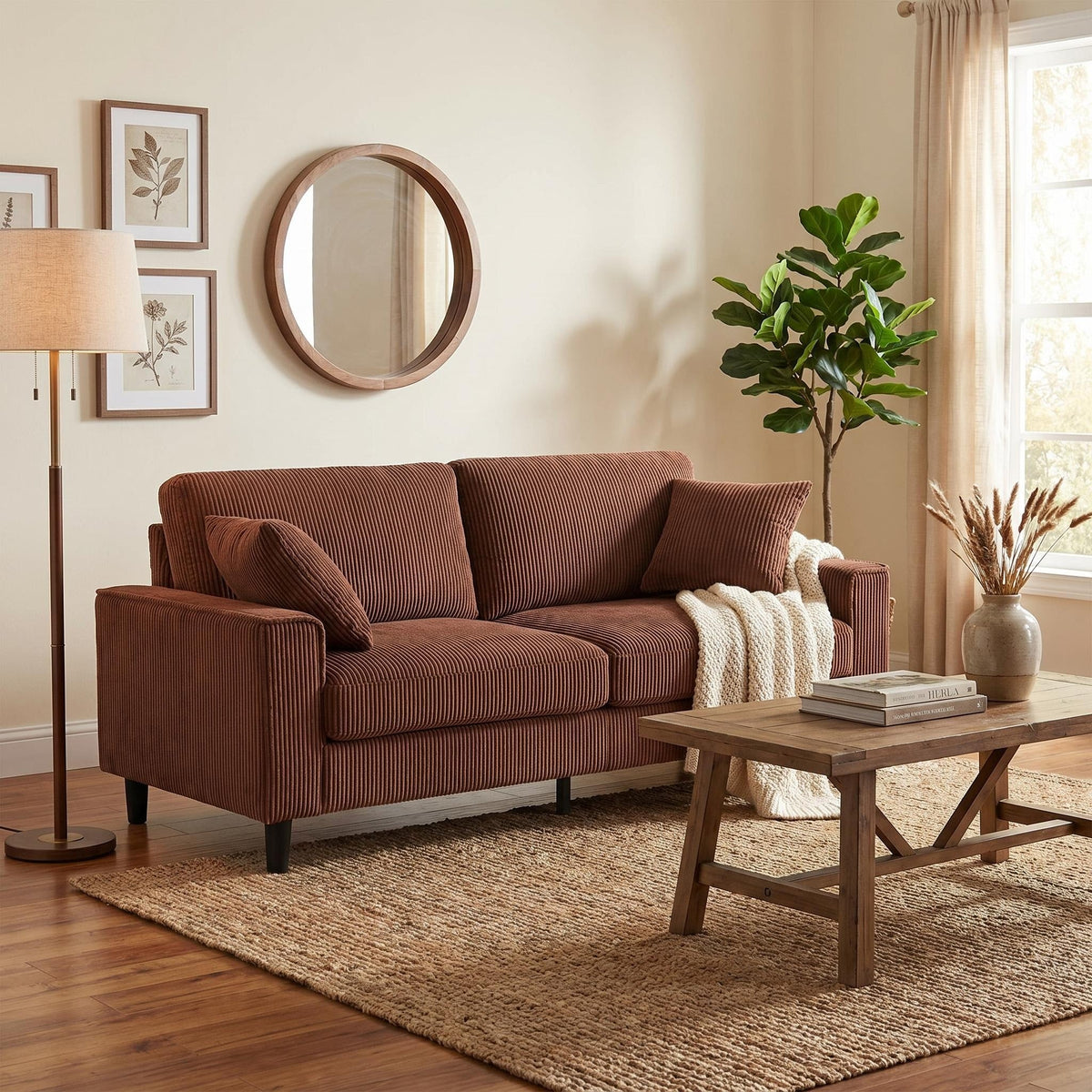 81.8"Corduroy Loveseat Sofa, 2-Seater Couch with Sturdy Iron & Wood Frame, Comfy Upholstered Sofa with Square Armrests for Living Room, Apartment - Sonkuki