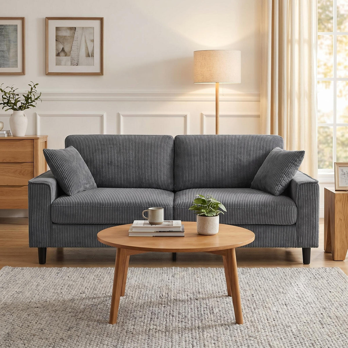 81.8"Corduroy Loveseat Sofa, 2-Seater Couch with Sturdy Iron & Wood Frame, Comfy Upholstered Sofa with Square Armrests for Living Room, Apartment - Sonkuki