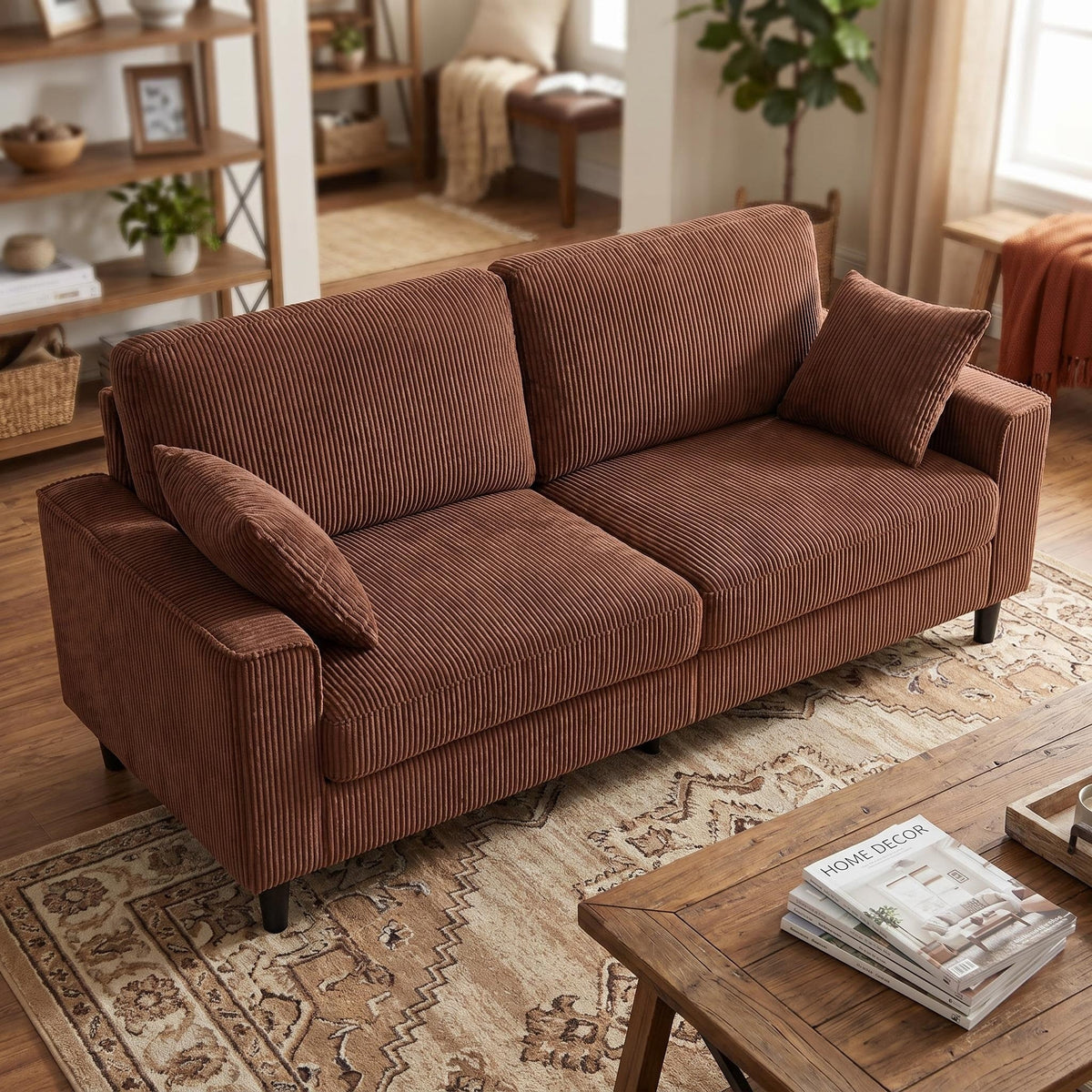 81.8"Corduroy Loveseat Sofa, 2-Seater Couch with Sturdy Iron & Wood Frame, Comfy Upholstered Sofa with Square Armrests for Living Room, Apartment - Sonkuki