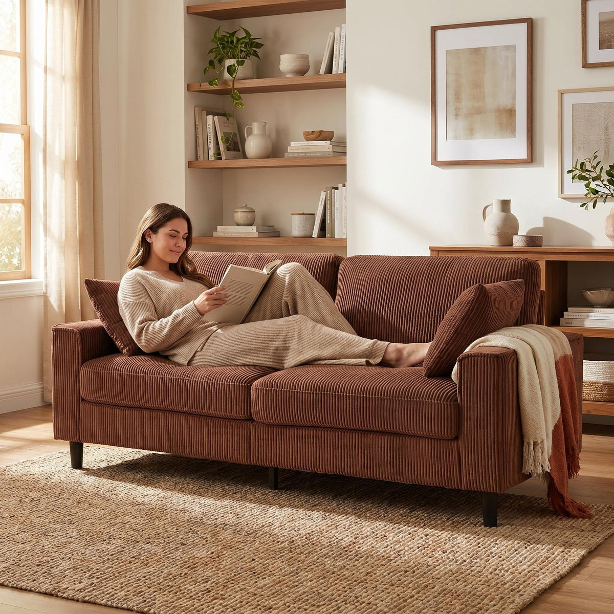 81.8"Corduroy Loveseat Sofa, 2-Seater Couch with Sturdy Iron & Wood Frame, Comfy Upholstered Sofa with Square Armrests for Living Room, Apartment - Sonkuki