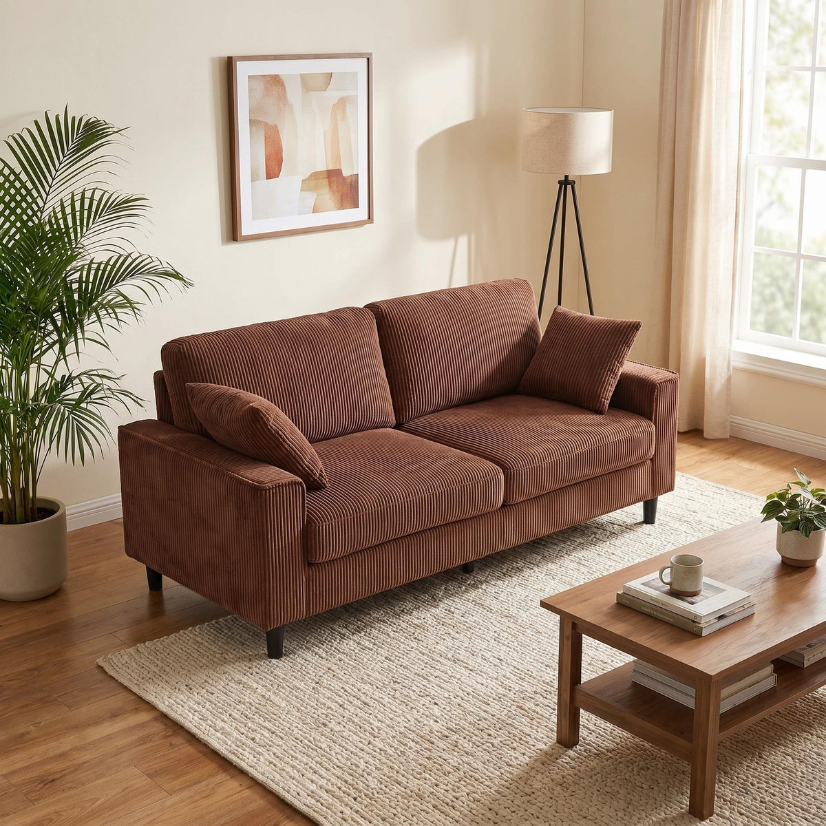 81.8"Corduroy Loveseat Sofa, 2-Seater Couch with Sturdy Iron & Wood Frame, Comfy Upholstered Sofa with Square Armrests for Living Room, Apartment - Sonkuki