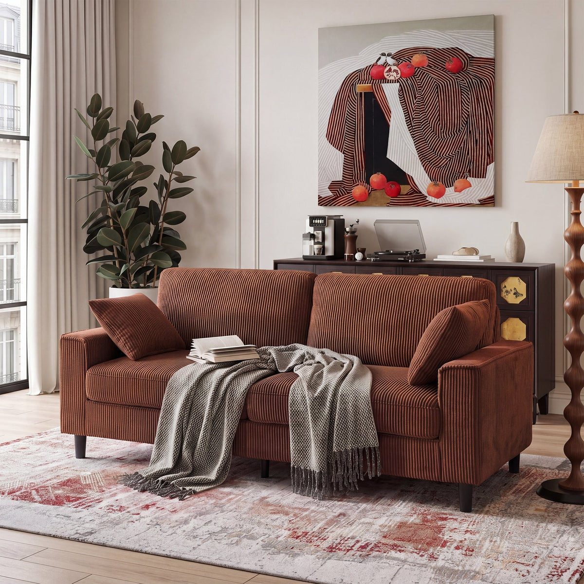 81.8"Corduroy Loveseat Sofa, 2-Seater Couch with Sturdy Iron & Wood Frame, Comfy Upholstered Sofa with Square Armrests for Living Room, Apartment - Sonkuki