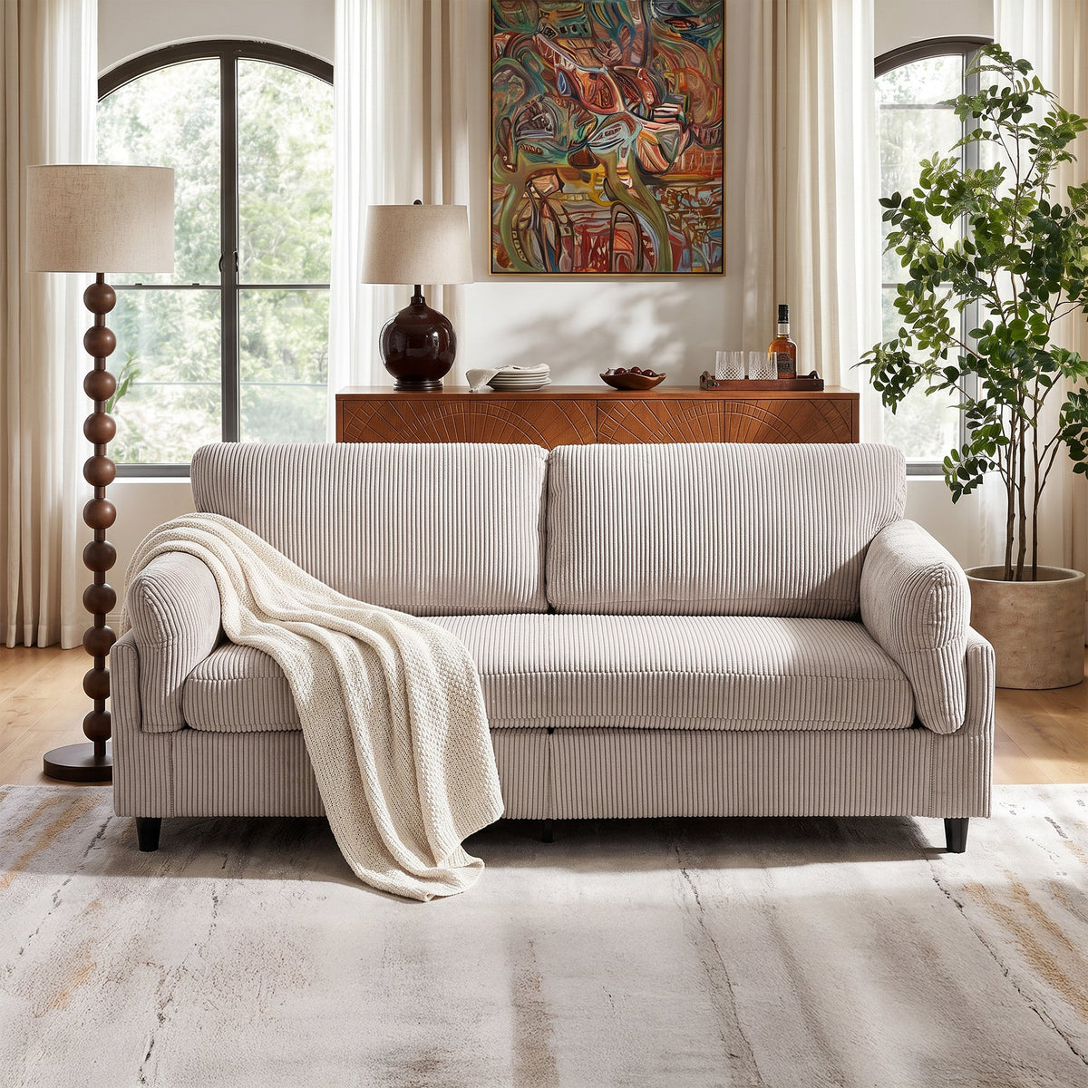 82.6" Corduroy Loveseat Sofa, Mid-Century Modern 2-Seater Couch, Iron & Wood Frame Construction,Soft Fabric Upholstered Love Seat for Living Room & Bedroom - Sonkuki