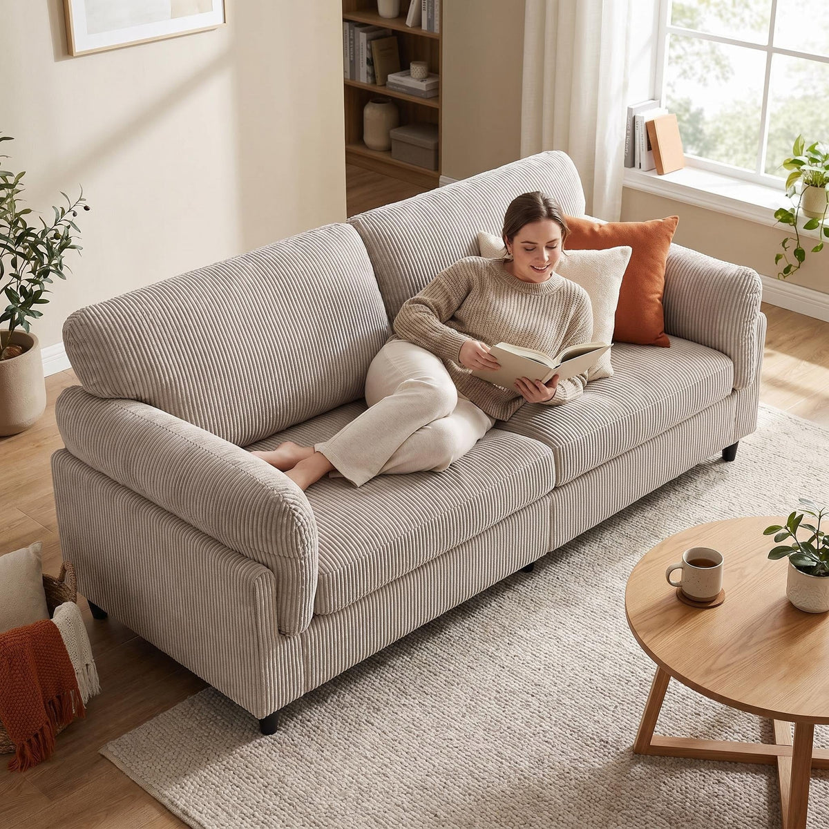 82.6" Corduroy Loveseat Sofa, Mid-Century Modern 2-Seater Couch, Iron & Wood Frame Construction,Soft Fabric Upholstered Love Seat for Living Room & Bedroom - Sonkuki