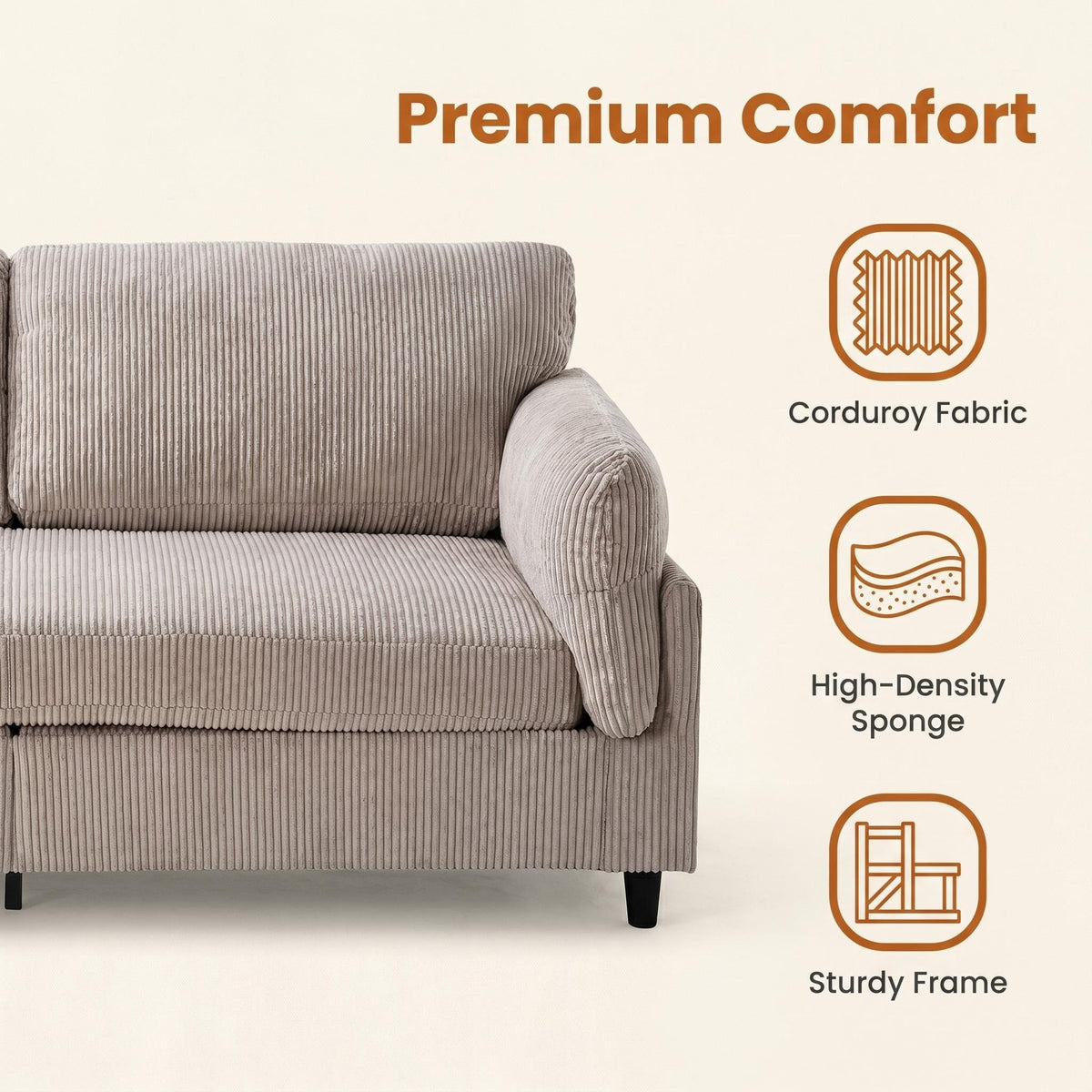82.6" Corduroy Loveseat Sofa, Mid-Century Modern 2-Seater Couch, Iron & Wood Frame Construction,Soft Fabric Upholstered Love Seat for Living Room & Bedroom - Sonkuki
