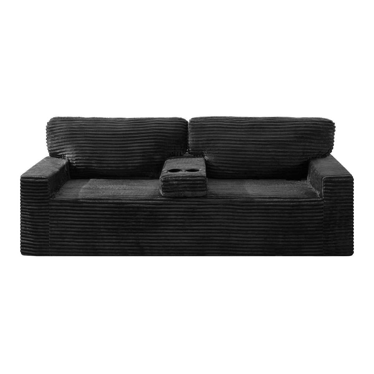 91.7" No-Leg Compression Sofa, Plush Corduroy with Built-in Cup Holders and Side Storage Pocket for Living Room - Sonkuki