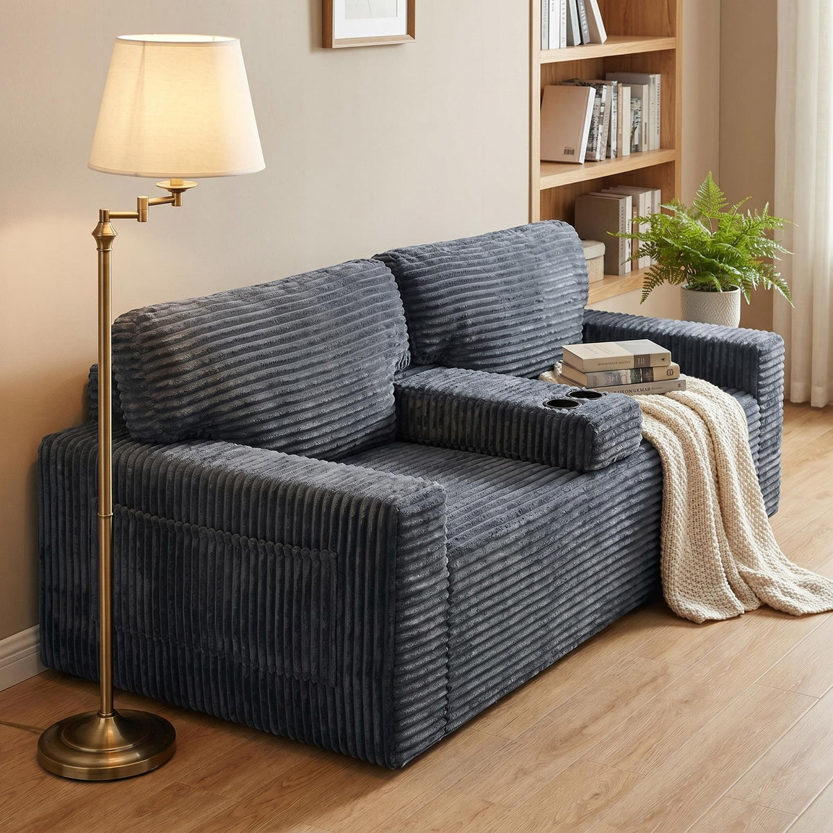 91.7" No-Leg Compression Sofa, Plush Corduroy with Built-in Cup Holders and Side Storage Pocket for Living Room - Sonkuki