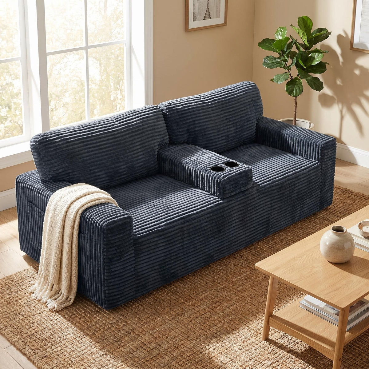 91.7" No-Leg Compression Sofa, Plush Corduroy with Built-in Cup Holders and Side Storage Pocket for Living Room - Sonkuki