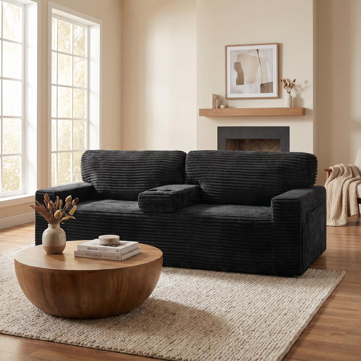 91.7" No-Leg Compression Sofa, Plush Corduroy with Built-in Cup Holders and Side Storage Pocket for Living Room - Sonkuki