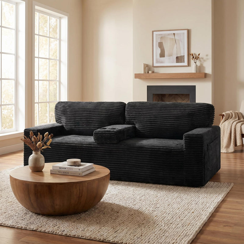 91.7" No-Leg Compression Sofa, Plush Corduroy with Built-in Cup Holders and Side Storage Pocket for Living Room - Sonkuki