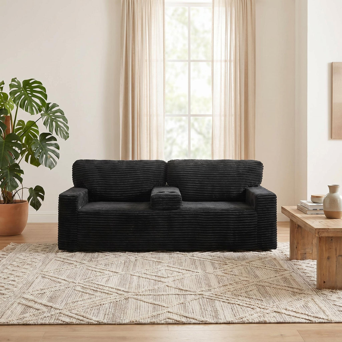 91.7" No-Leg Compression Sofa, Plush Corduroy with Built-in Cup Holders and Side Storage Pocket for Living Room - Sonkuki