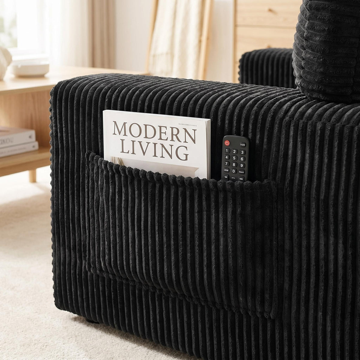 91.7" No-Leg Compression Sofa, Plush Corduroy with Built-in Cup Holders and Side Storage Pocket for Living Room - Sonkuki