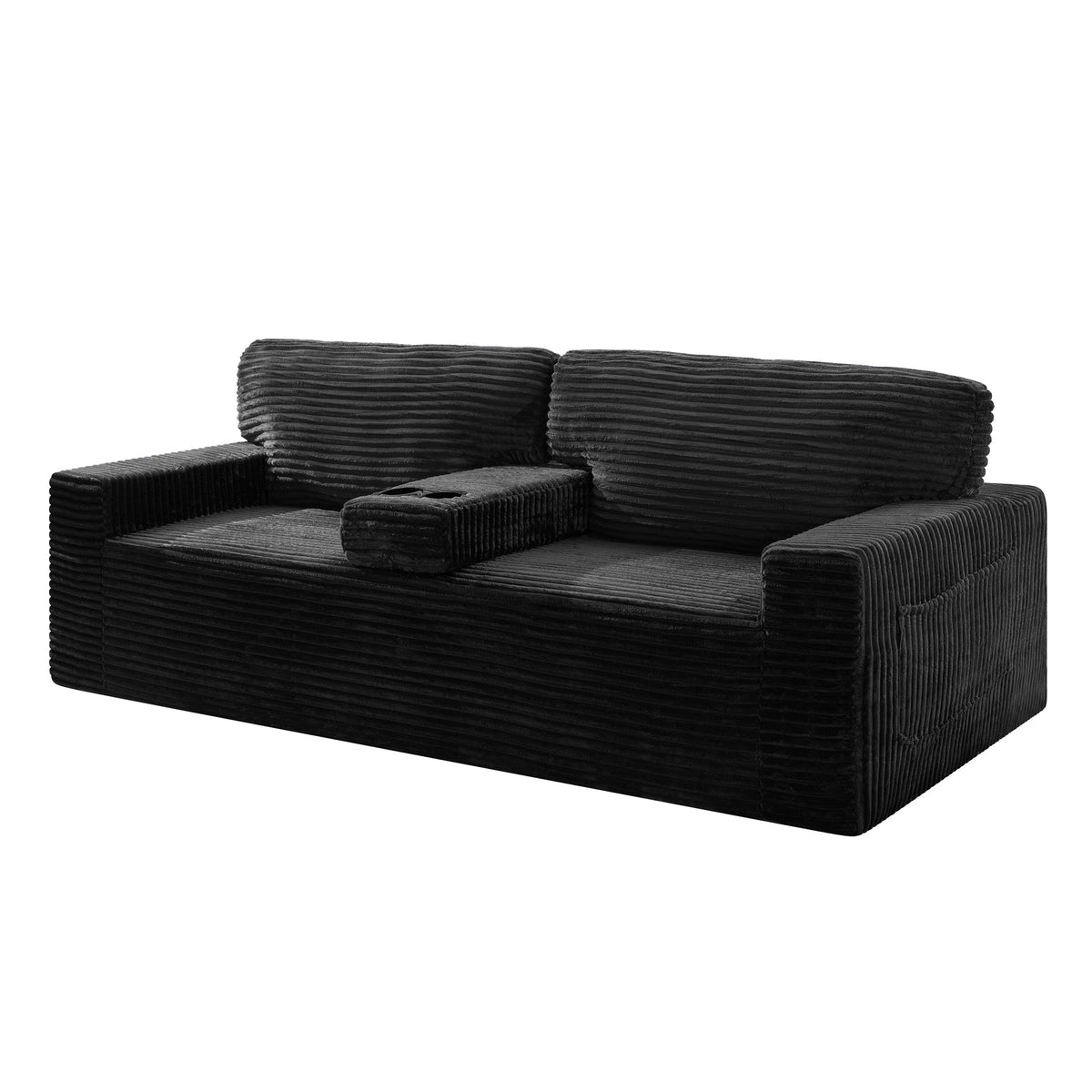 91.7" No-Leg Compression Sofa, Plush Corduroy with Built-in Cup Holders and Side Storage Pocket for Living Room - Sonkuki