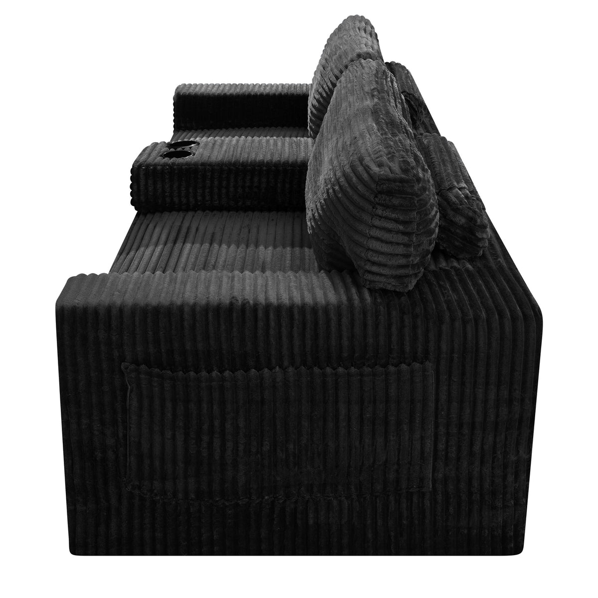 91.7" No-Leg Compression Sofa, Plush Corduroy with Built-in Cup Holders and Side Storage Pocket for Living Room - Sonkuki
