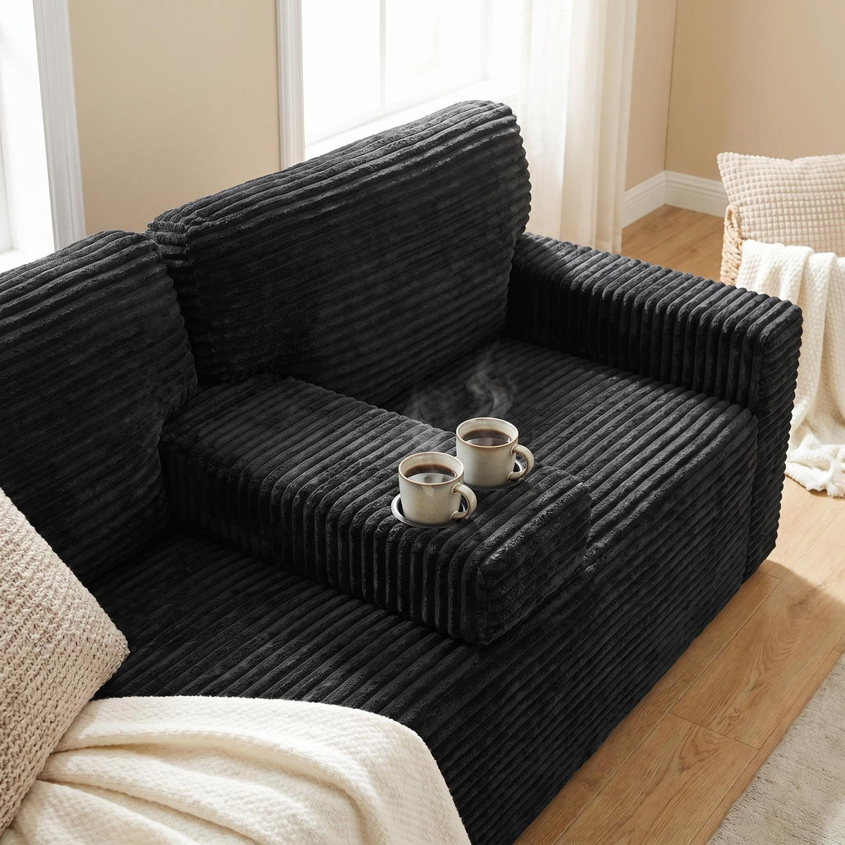 91.7" No-Leg Compression Sofa, Plush Corduroy with Built-in Cup Holders and Side Storage Pocket for Living Room - Sonkuki