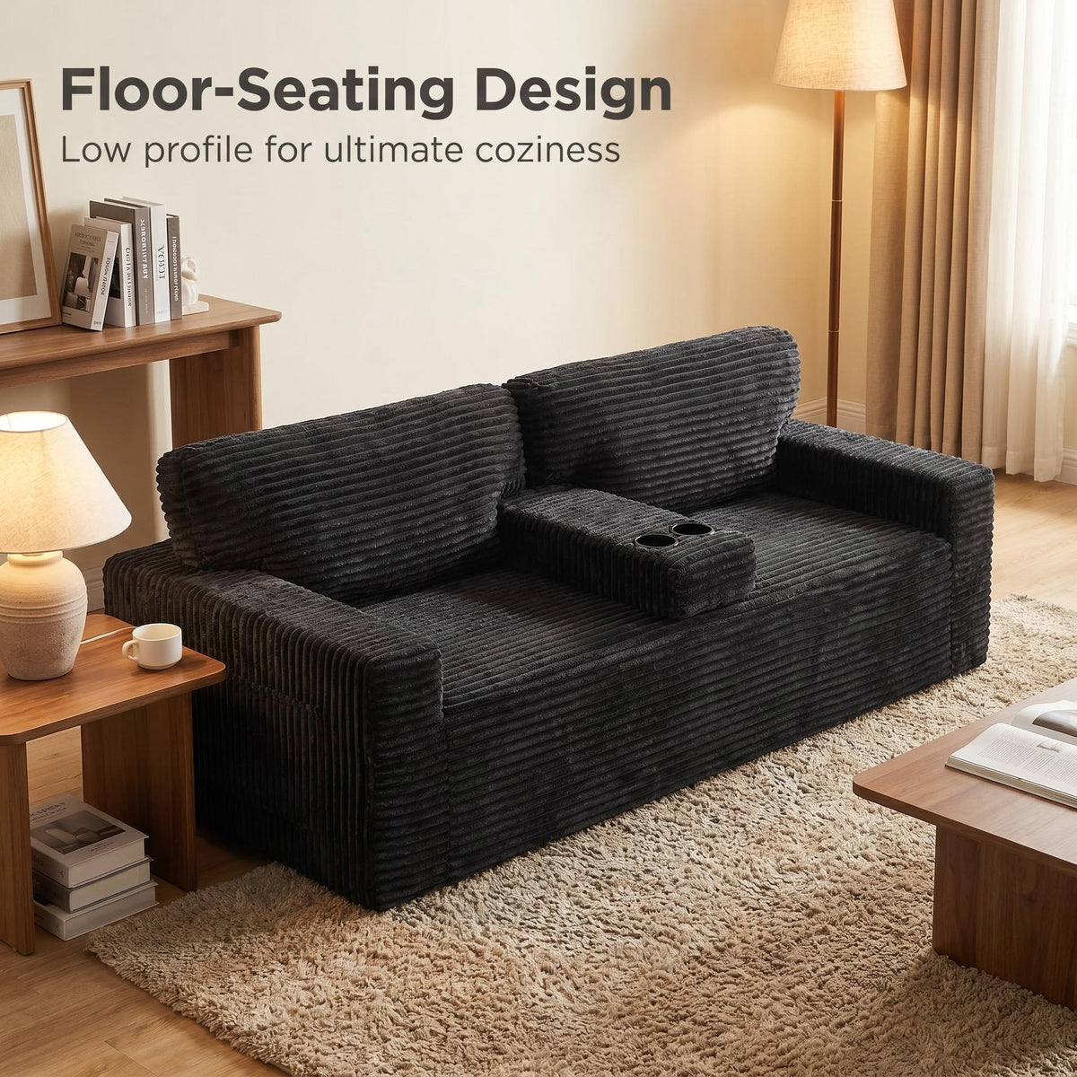 91.7" No-Leg Compression Sofa, Plush Corduroy with Built-in Cup Holders and Side Storage Pocket for Living Room - Sonkuki