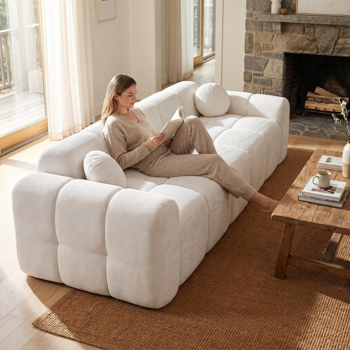 98.4" Extra Large Compression Sofa, Corduroy Cloud Puff Couch for Living Room, 3-Seater Upholstered Sofa with 2 Pillows, Vacuum Packed Easy to Move for Small Space, Apartment, Studio - Sonkuki