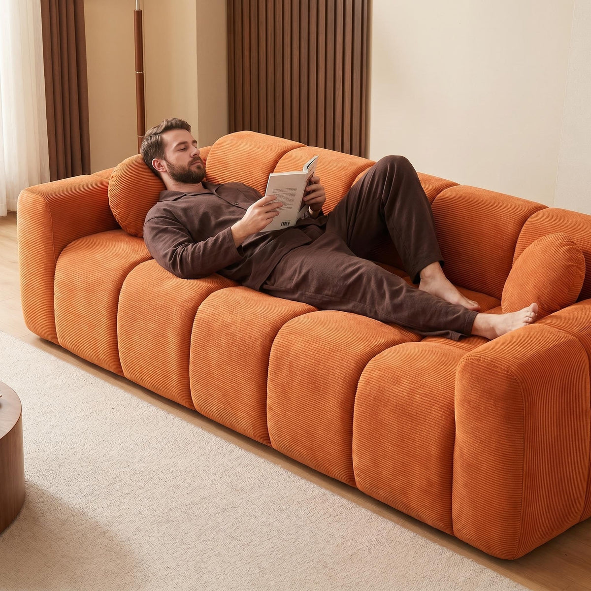 98.4" Extra Large Compression Sofa, Corduroy Cloud Puff Couch for Living Room, 3-Seater Upholstered Sofa with 2 Pillows, Vacuum Packed Easy to Move for Small Space, Apartment, Studio - Sonkuki