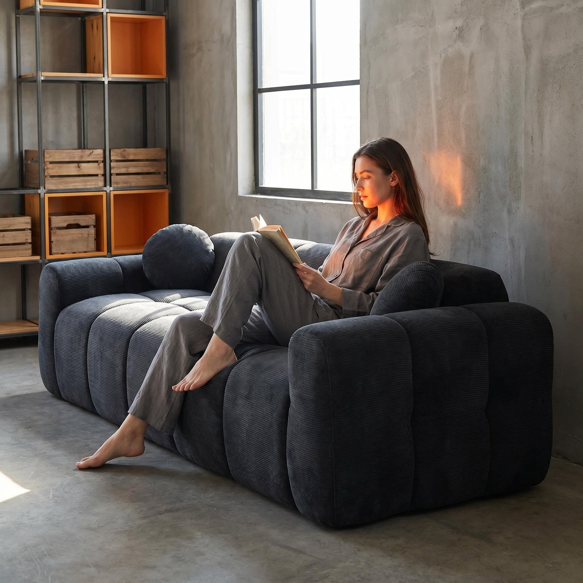 98.4" Extra Large Compression Sofa, Corduroy Cloud Puff Couch for Living Room, 3-Seater Upholstered Sofa with 2 Pillows, Vacuum Packed Easy to Move for Small Space, Apartment, Studio - Sonkuki