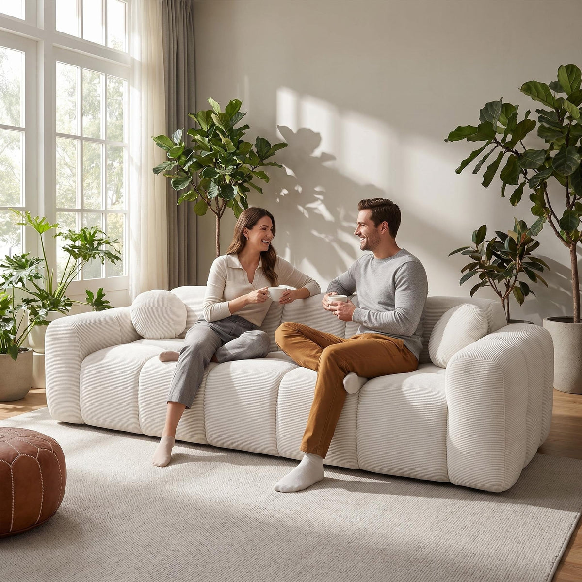 98.4" Extra Large Compression Sofa, Corduroy Cloud Puff Couch for Living Room, 3-Seater Upholstered Sofa with 2 Pillows, Vacuum Packed Easy to Move for Small Space, Apartment, Studio - Sonkuki