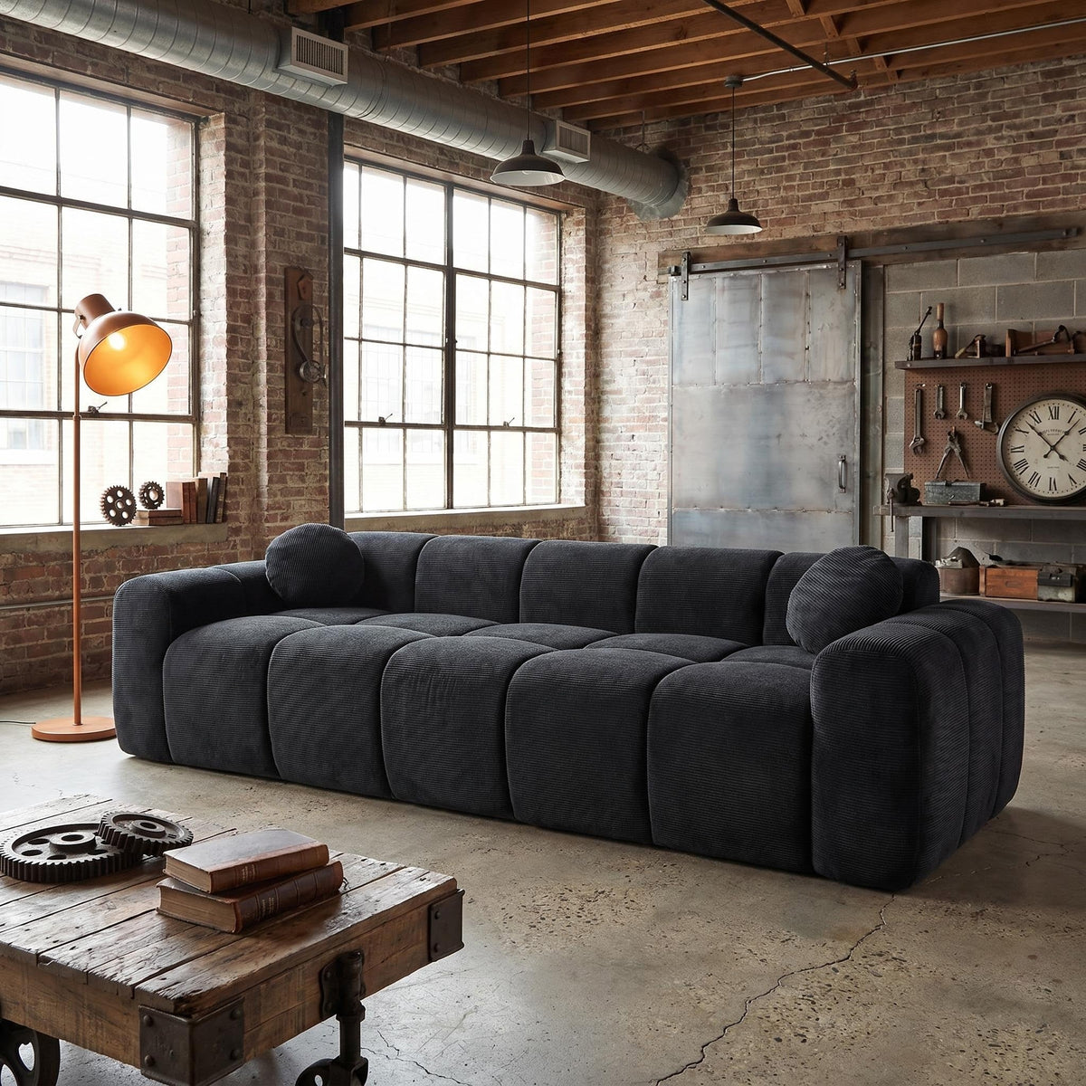 98.4" Extra Large Compression Sofa, Corduroy Cloud Puff Couch for Living Room, 3-Seater Upholstered Sofa with 2 Pillows, Vacuum Packed Easy to Move for Small Space, Apartment, Studio - Sonkuki